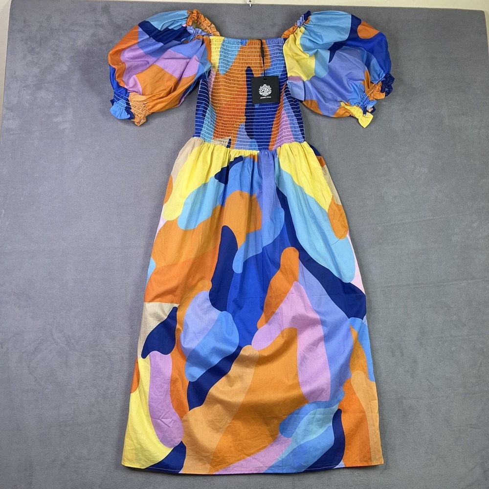 Jessie Zhao Dress Womens S Multicolor Tropical Love Smocked Midi Puff Sleeve NWT